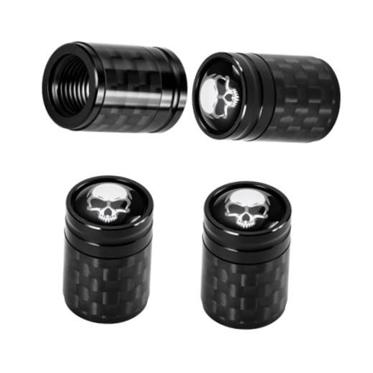Black carbon fiber-style tire valve stem caps, threaded caps with skull logo on top