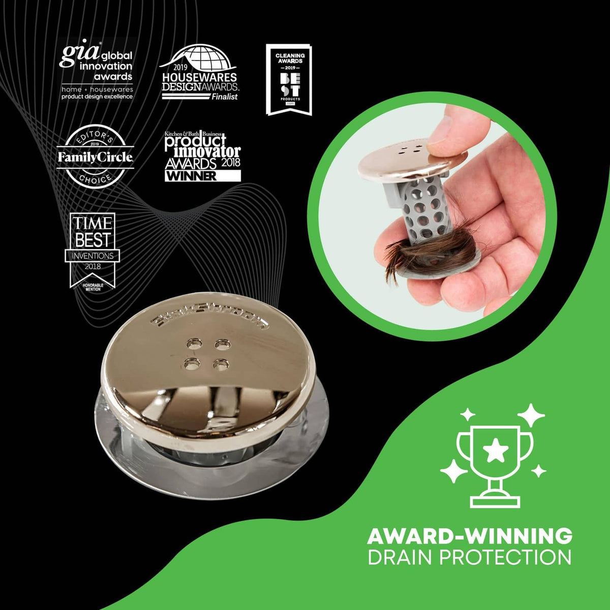 Nickel bathroom sink strainer with reflective top and perforated hair-catcher basket.