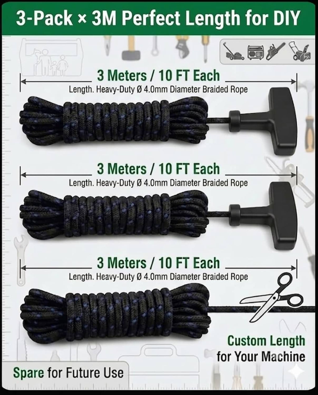 Braided pull starter cord rope set with dark navy-black coils and starter handles