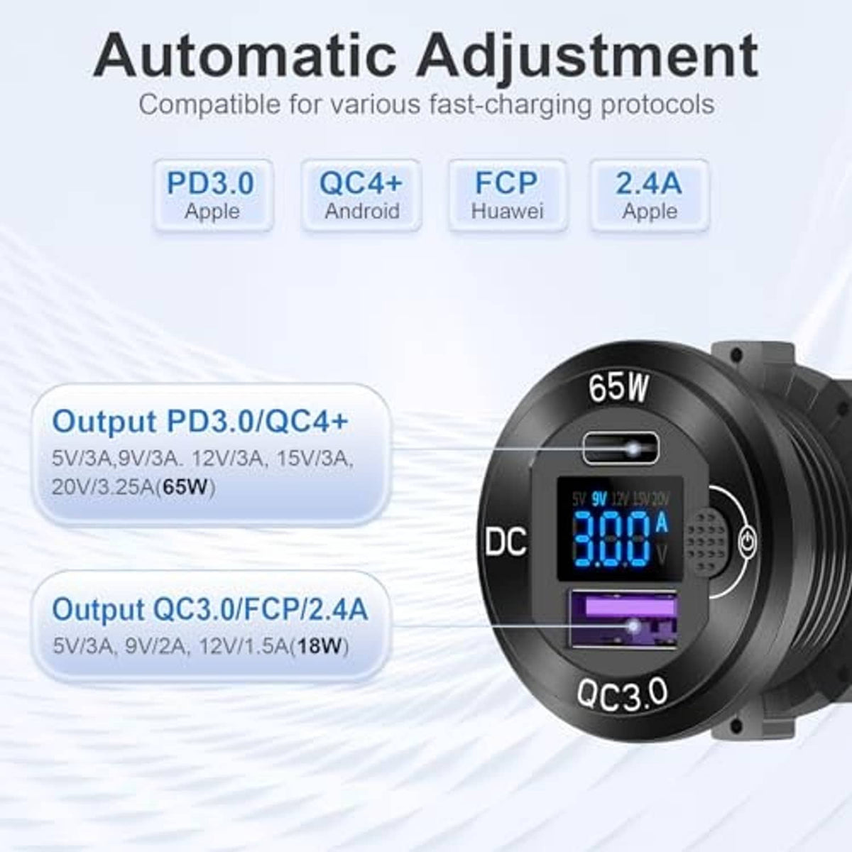 Black 65W USB car charger with QC3.0 port and illuminated voltage meter display
