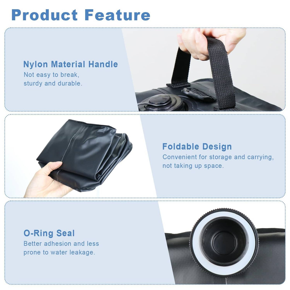 Black canopy water weight bag with nylon carry handle, foldable design, and O-ring seal