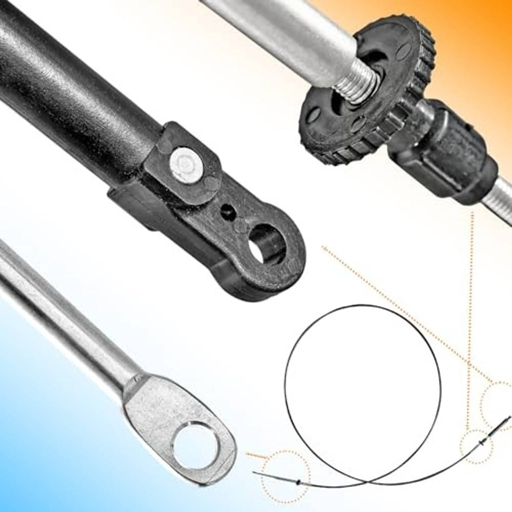 Throttle and shift cable end fittings with black eye bracket and silver rod