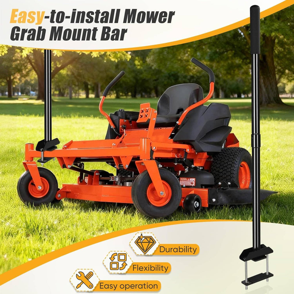 Adjustable mower grab bar assist with black pole and rubber handle on an orange mower