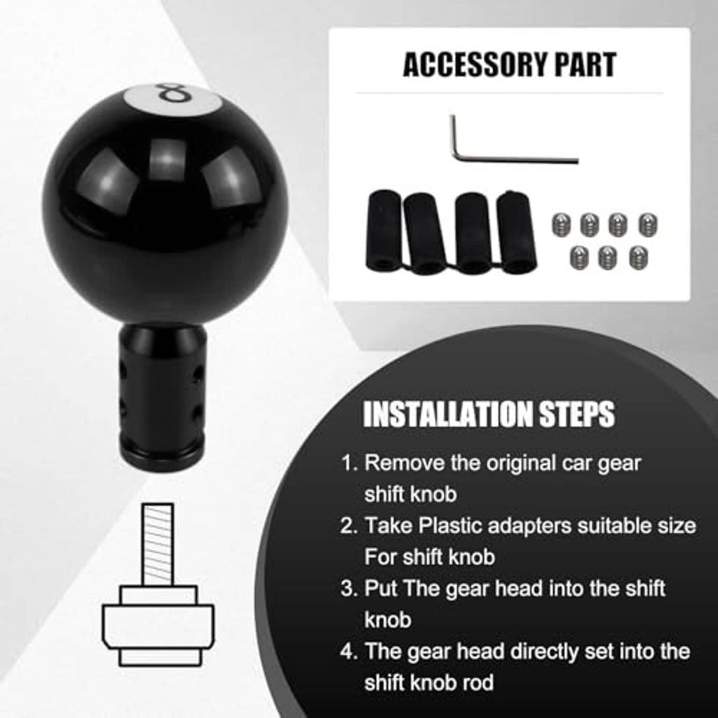 Black 8-ball gear shift knob with threaded adapter, hex key, and screws