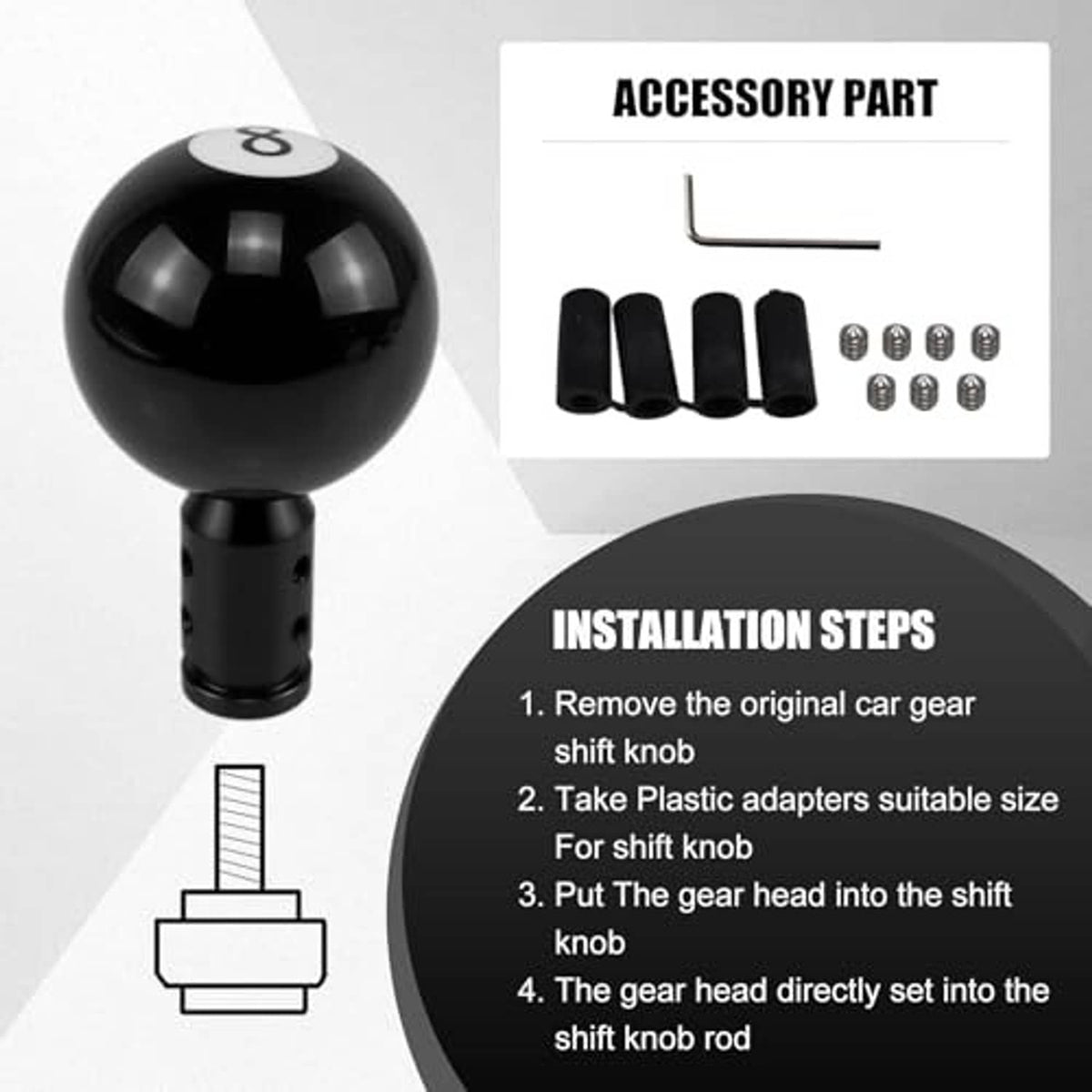 Black 8-ball gear shift knob with threaded adapter, hex key, and screws