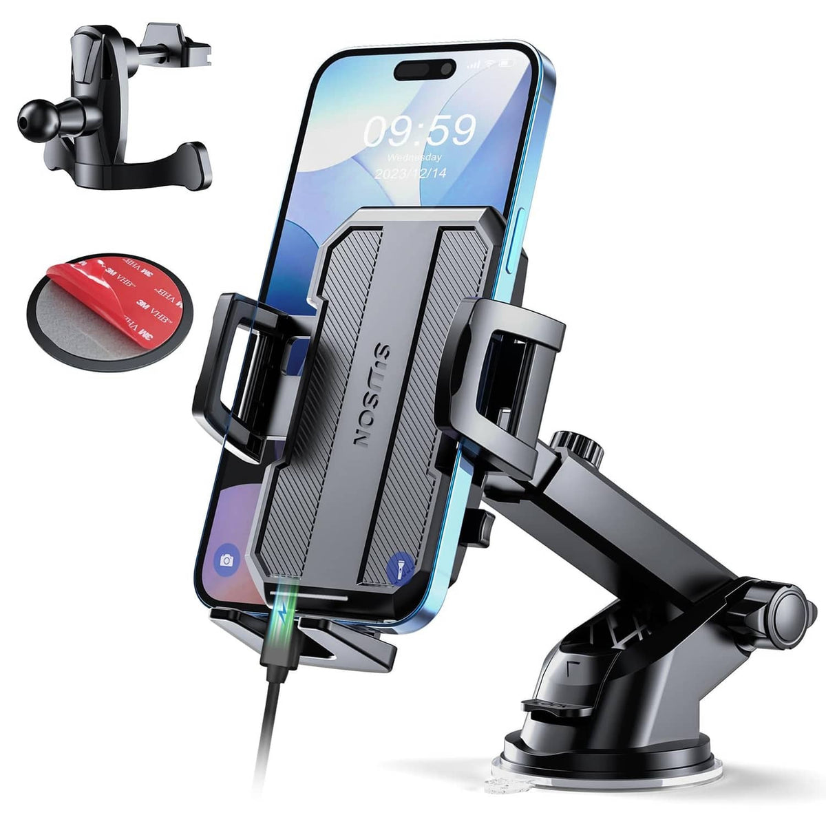 3-in-1 black car phone holder with suction mount and adjustable cradle