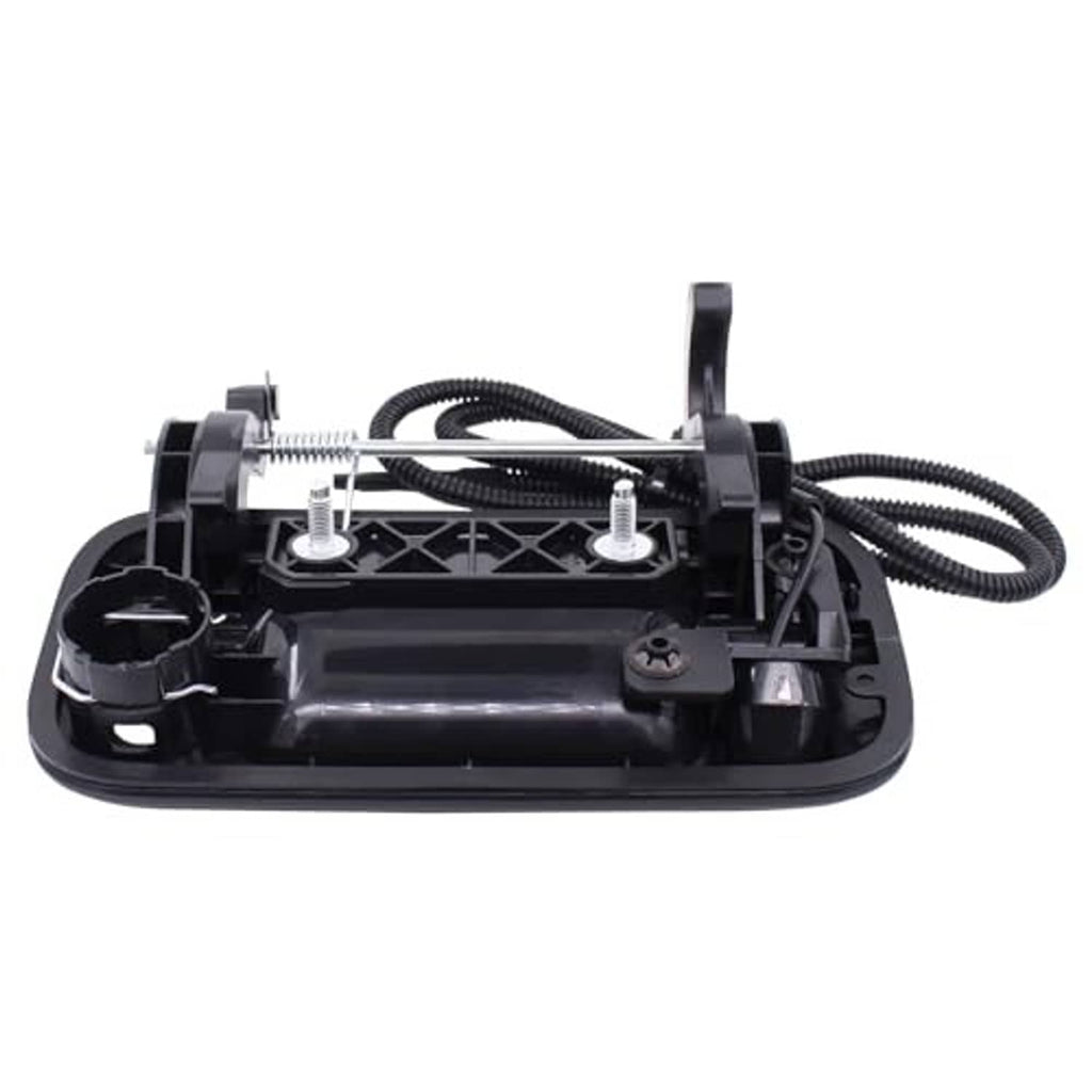 Black tailgate backup camera handle with mounting base and attached cables