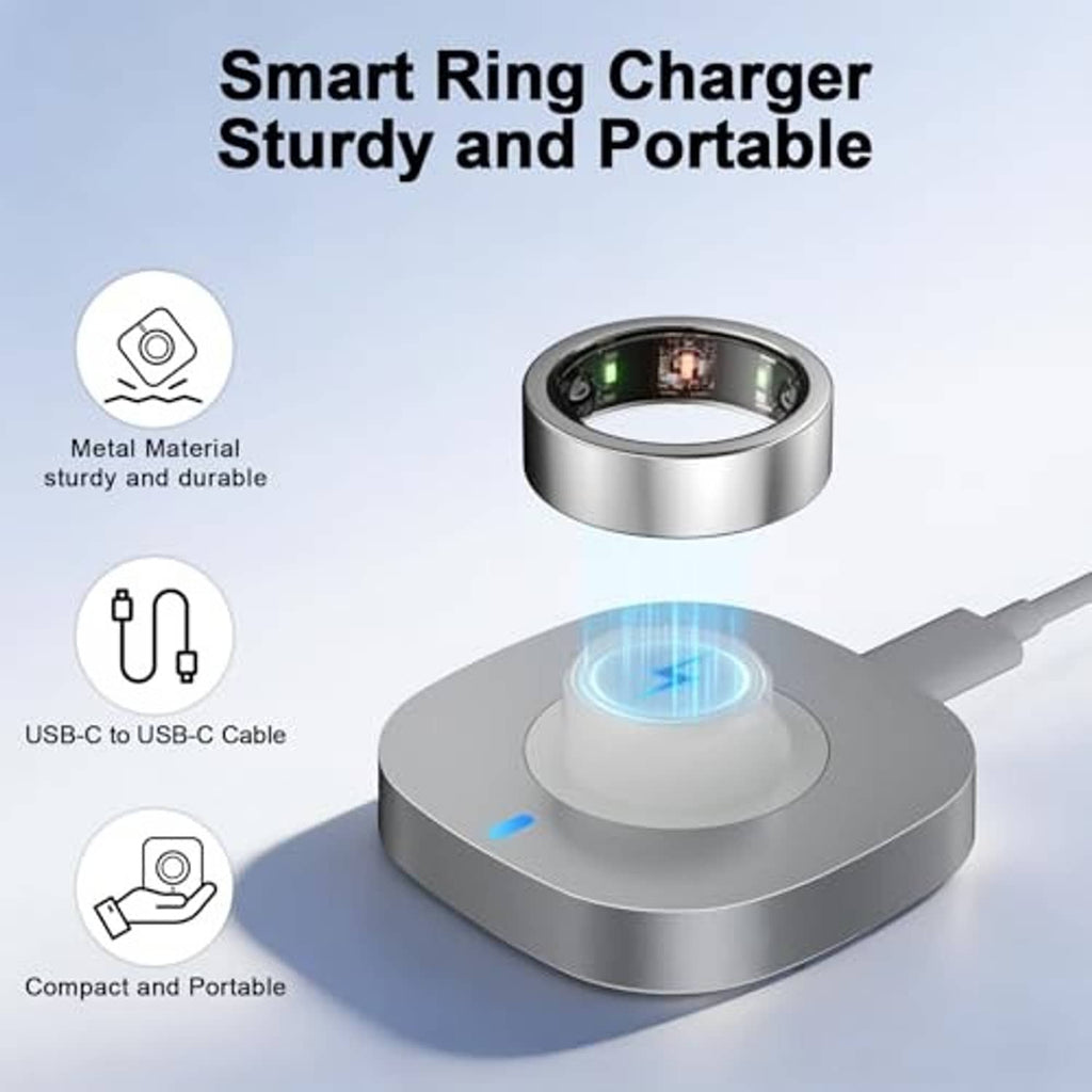 Portable gray charging dock with illuminated charging window and metal ring cradle