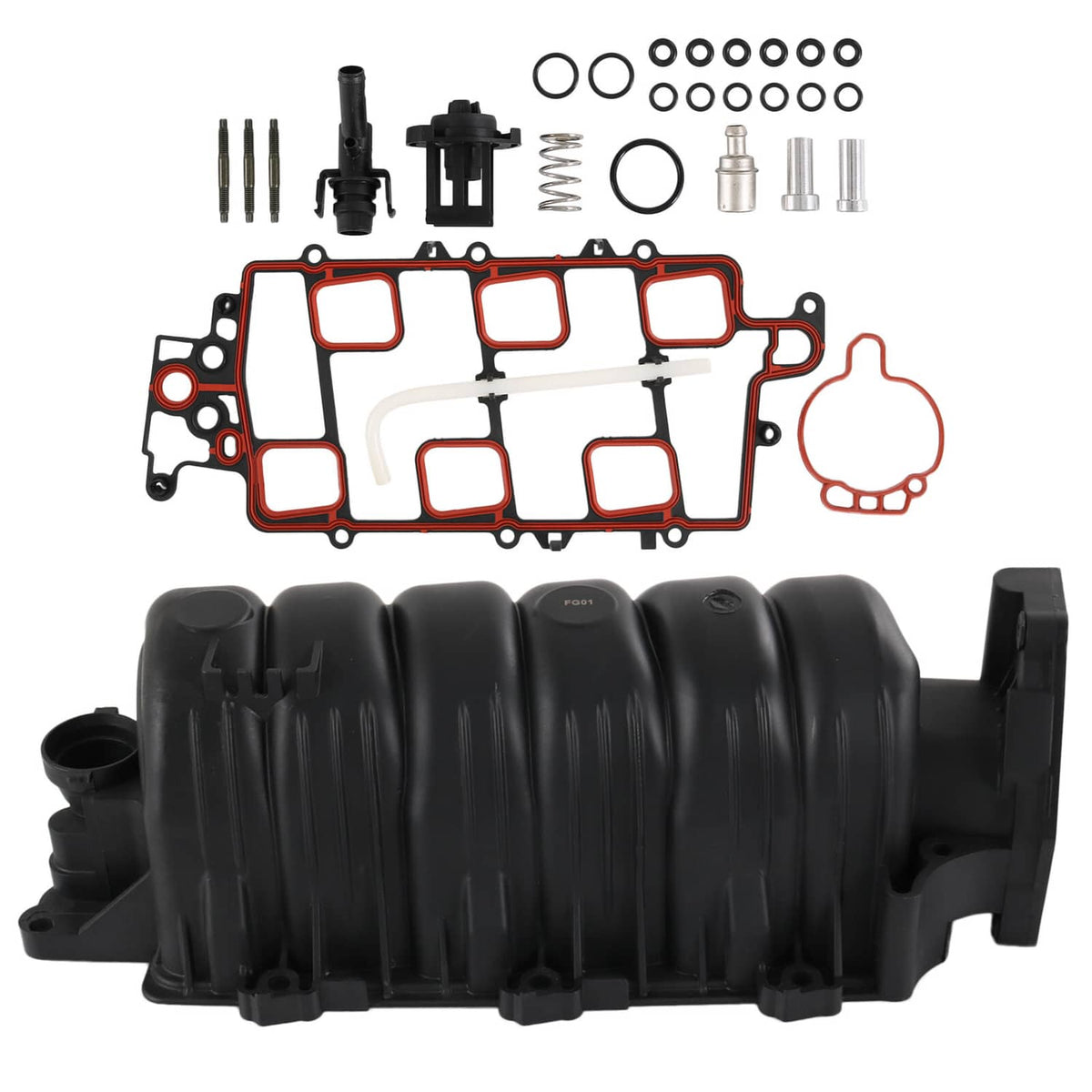 Upper intake manifold with gasket kit, black plastic with red gasket outlines and hardware