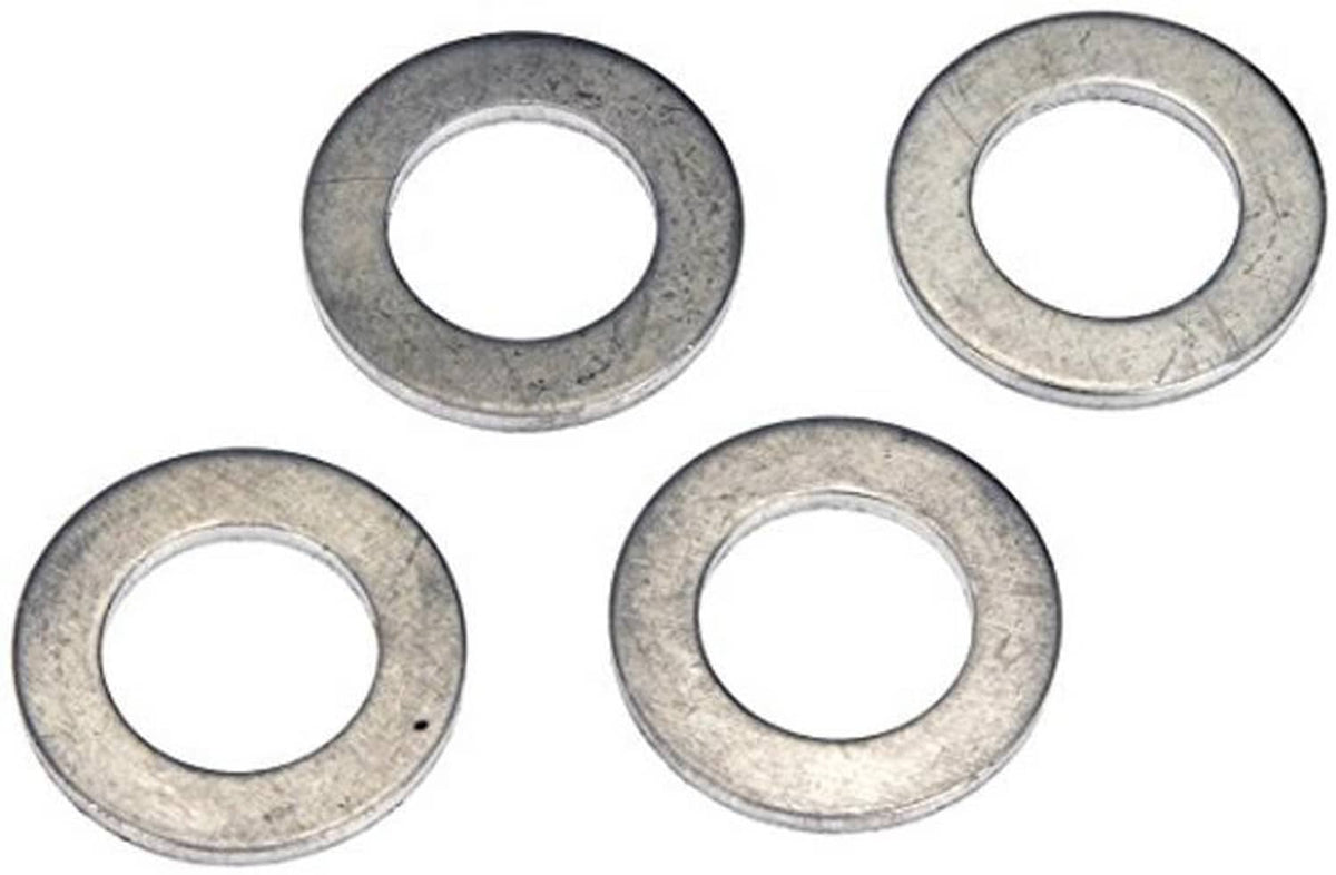 Set of four aluminum drain plug gasket washers, silver-gray round washers with holes