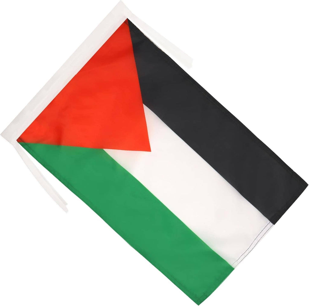 Palestinian flag banner with cords, angled view showing corner ties and colors