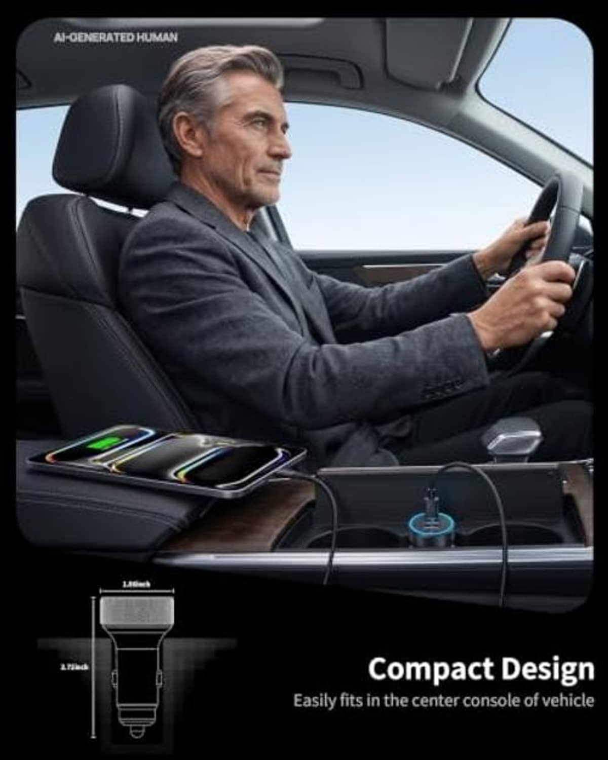 Compact black car USB charger with a short body, fitting the vehicle center console
