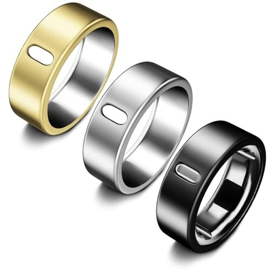 Three ring covers in gold, silver, and black, showing side button cutouts