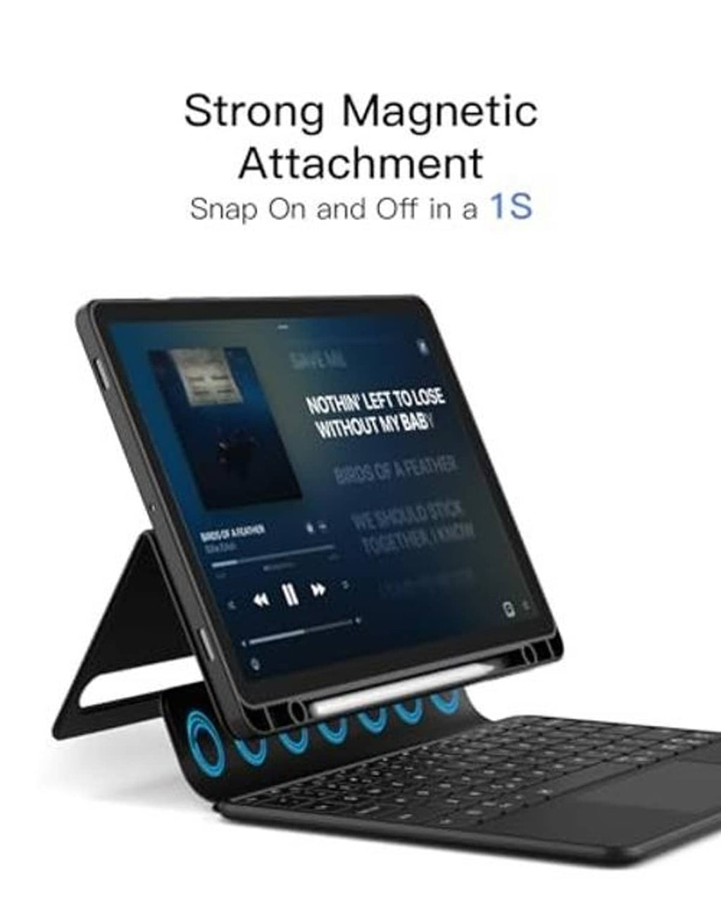Black magnetic snap-on keyboard case with adjustable stand and built-in touchpad