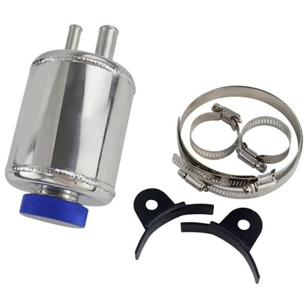 Aluminum power steering fluid reservoir tank with silver canister, blue cap, clamp kit