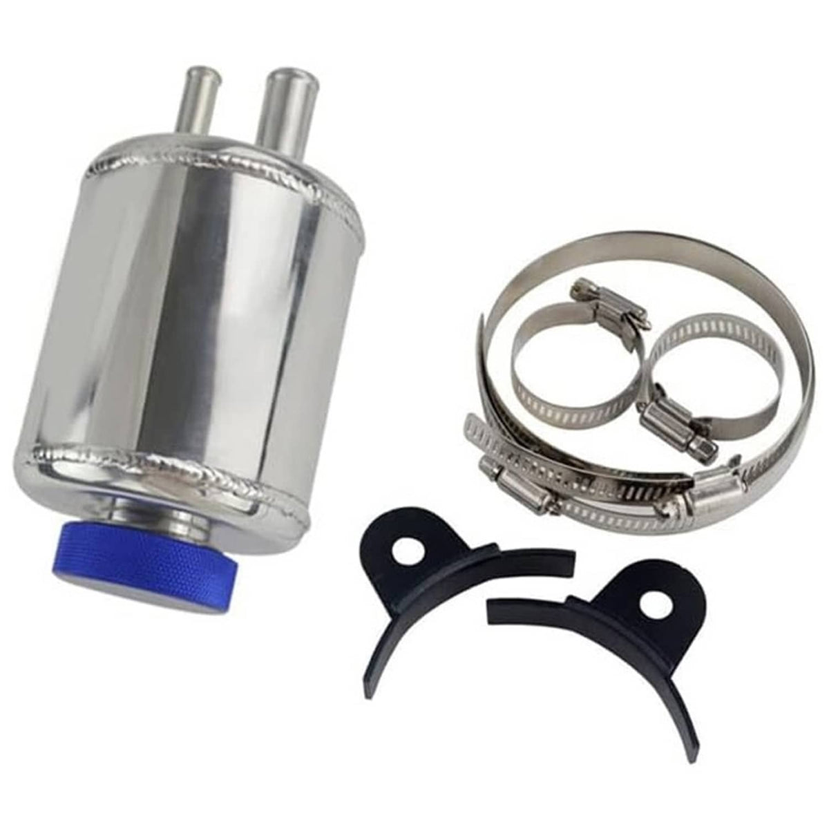 Aluminum power steering fluid reservoir tank with silver canister, blue cap, clamp kit