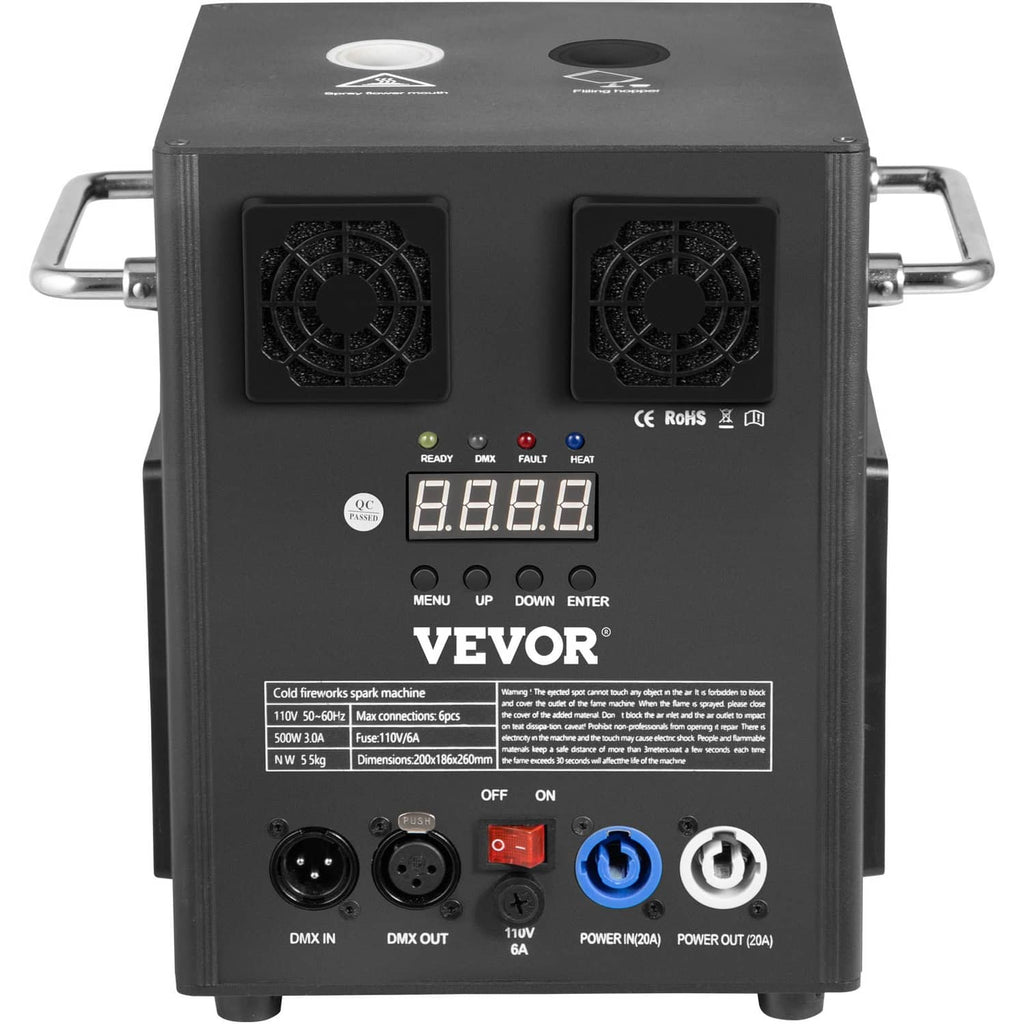 Cold spark machine with front LED readout, DMX ports, and ON/OFF power switch