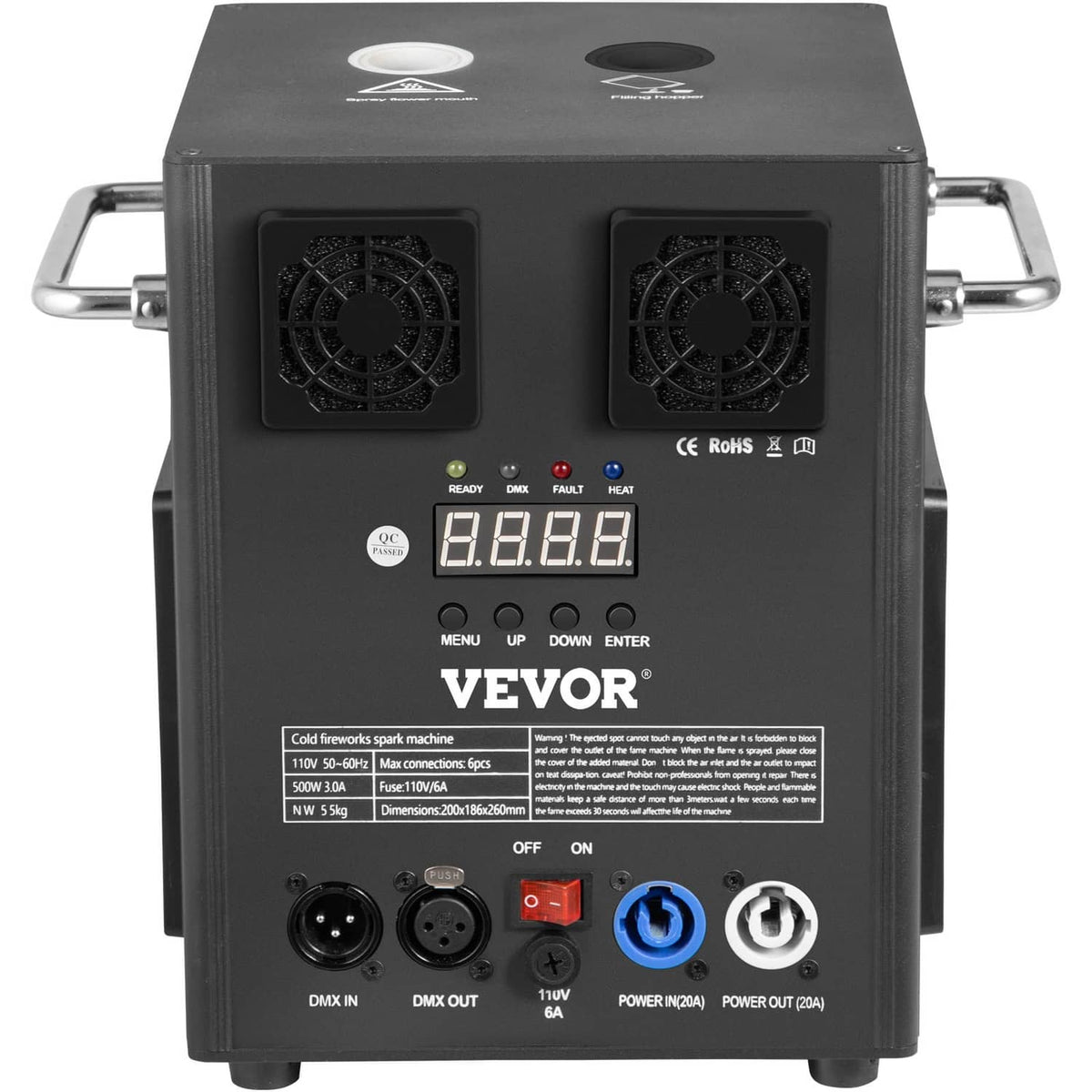 Cold spark machine with front LED readout, DMX ports, and ON/OFF power switch