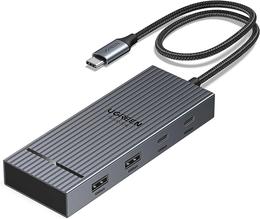 UGREEN aluminum USB-C docking station angled view with attached braided cable