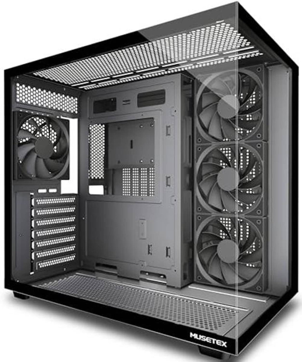 Black computer case with four non-LED preinstalled fans and perforated air vents