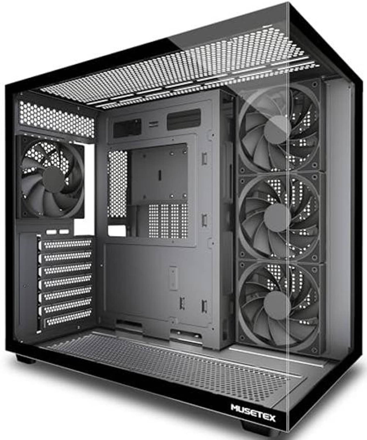 Black computer case with four non-LED preinstalled fans and perforated air vents