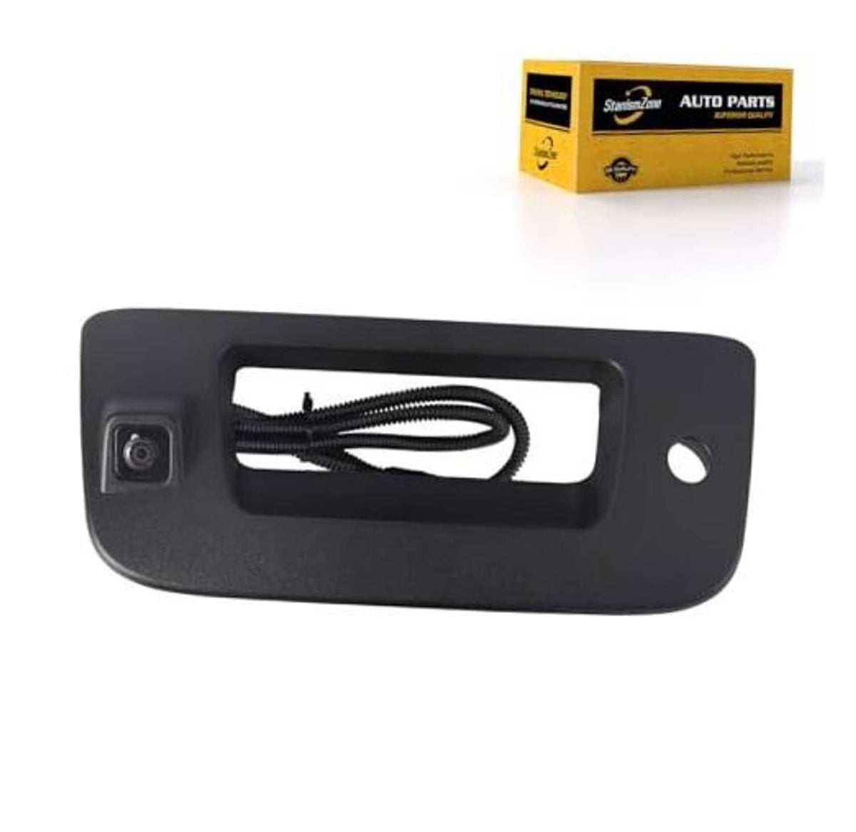 Black backup camera module with square lens and cable in rectangular bezel