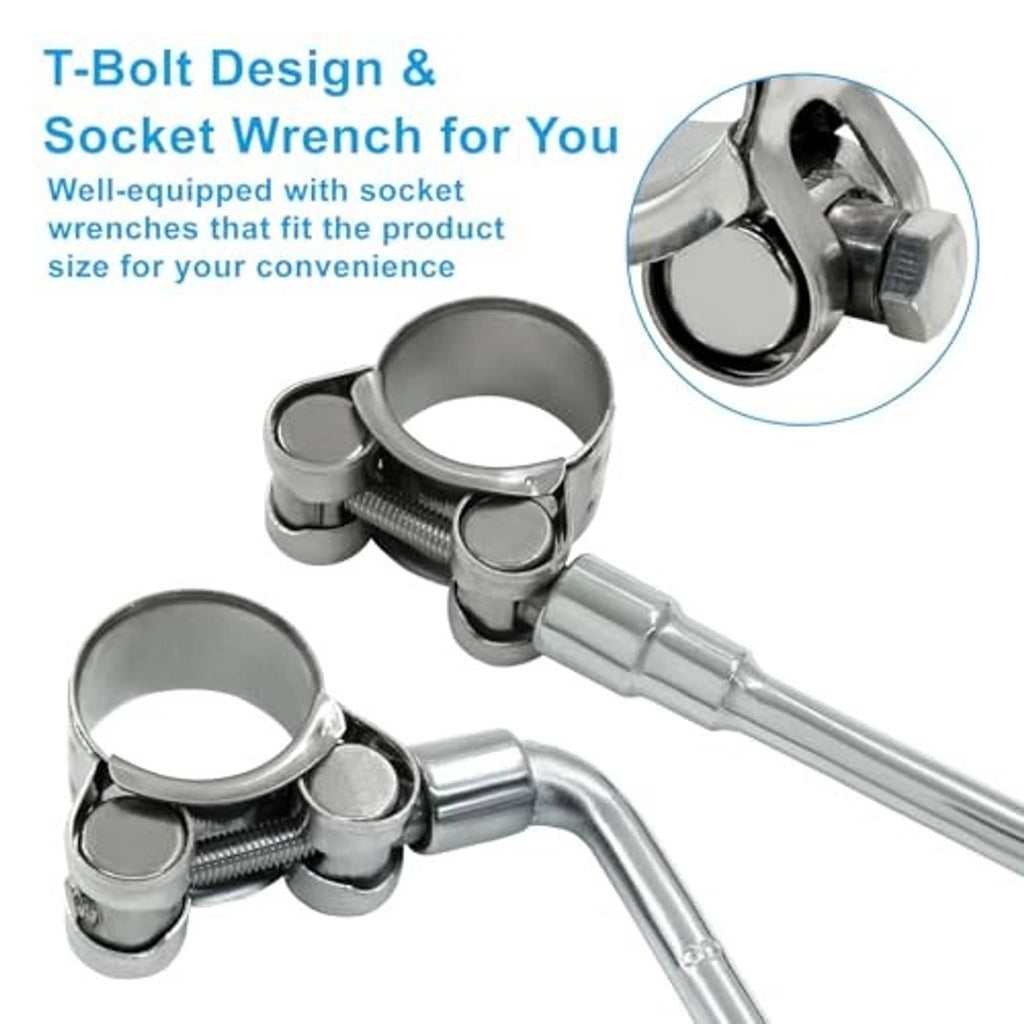 Stainless T-bolt hose clamps with socket wrench for tightening the locking bolt