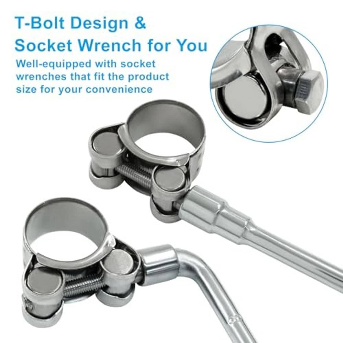 Stainless T-bolt hose clamps with socket wrench for tightening the locking bolt