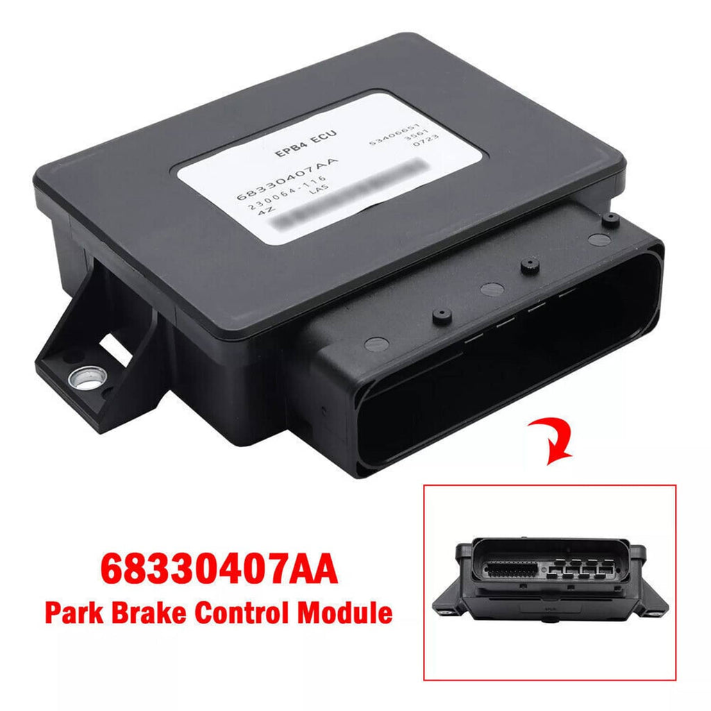 Parking brake control module with front wiring connector, black plastic case and pins
