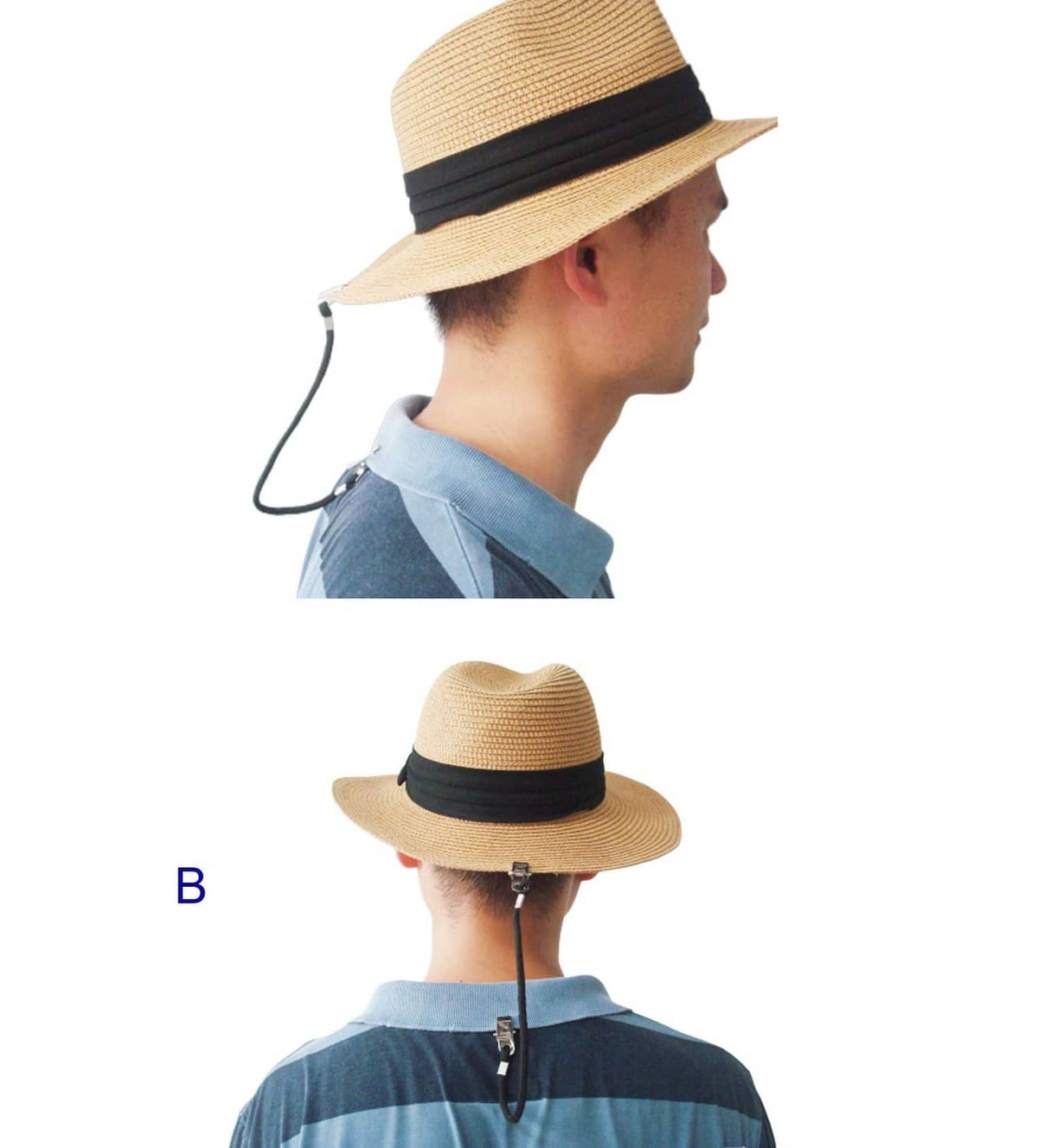 Worn straw fedora with black band and hat wind clip cord retainer securing fit