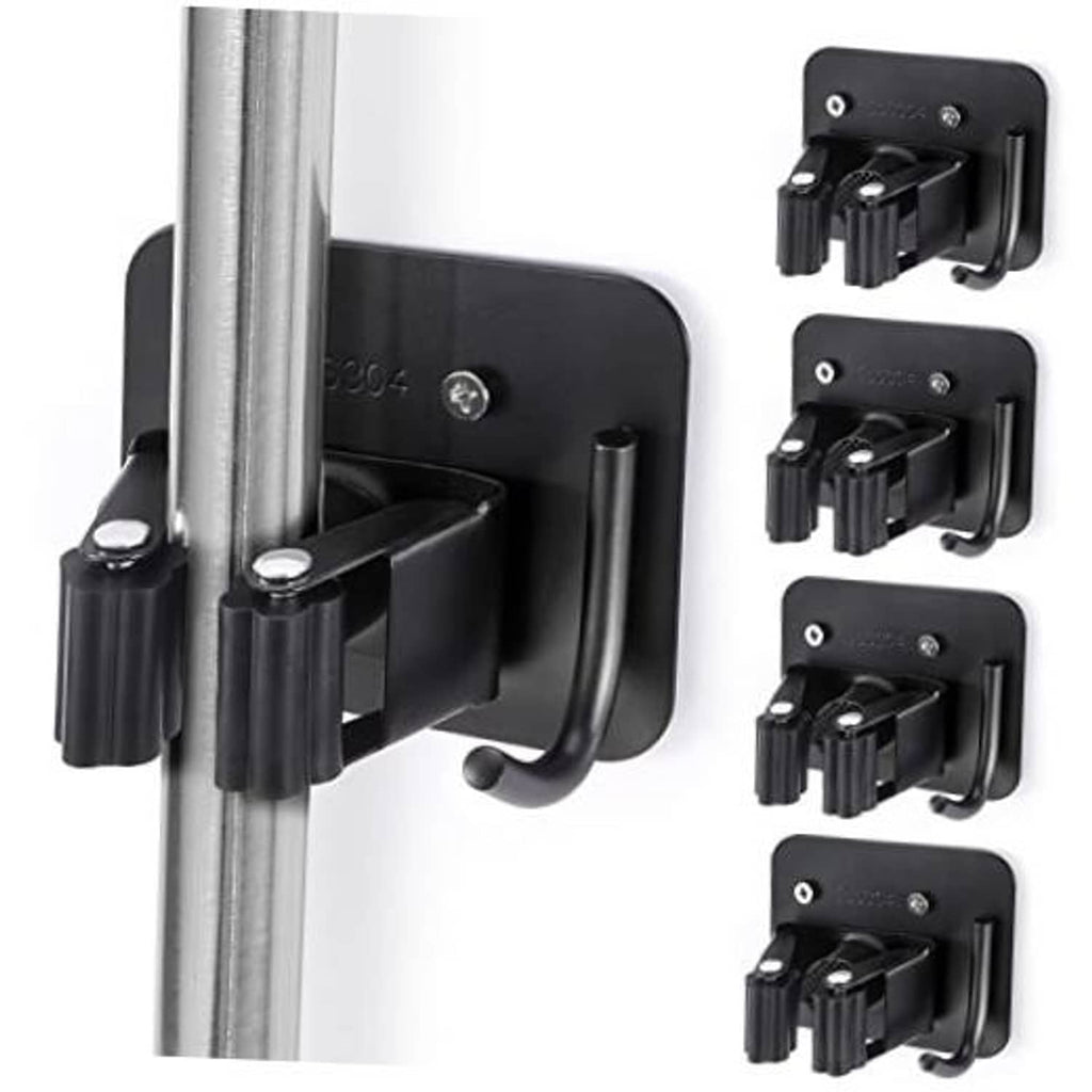 Black gripper broom holder with 4 clamp arms on stainless steel pole