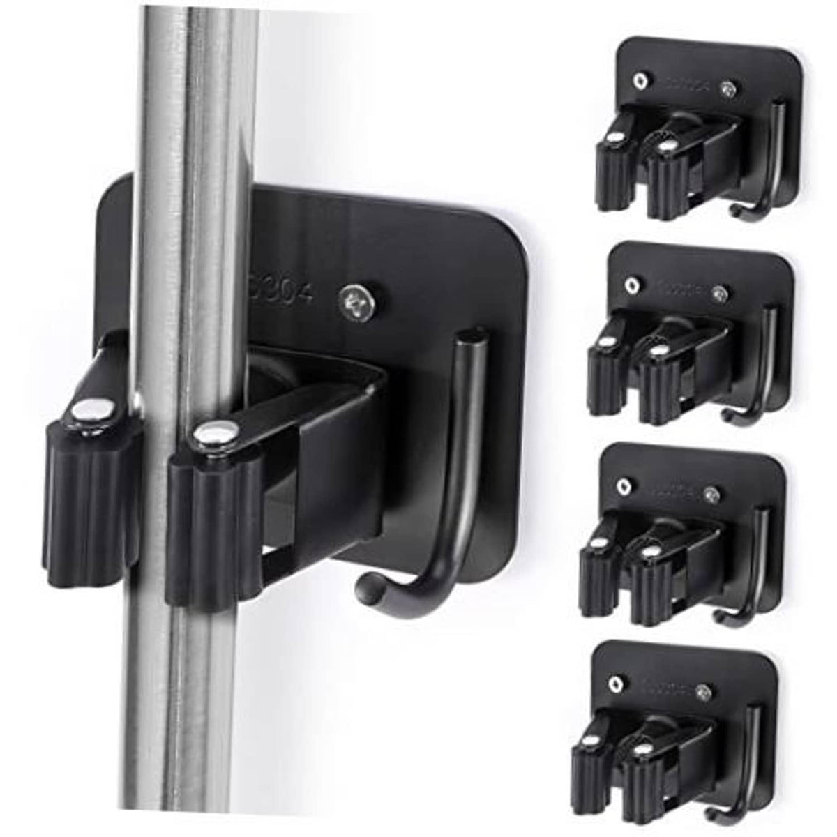 Black gripper broom holder with 4 clamp arms on stainless steel pole