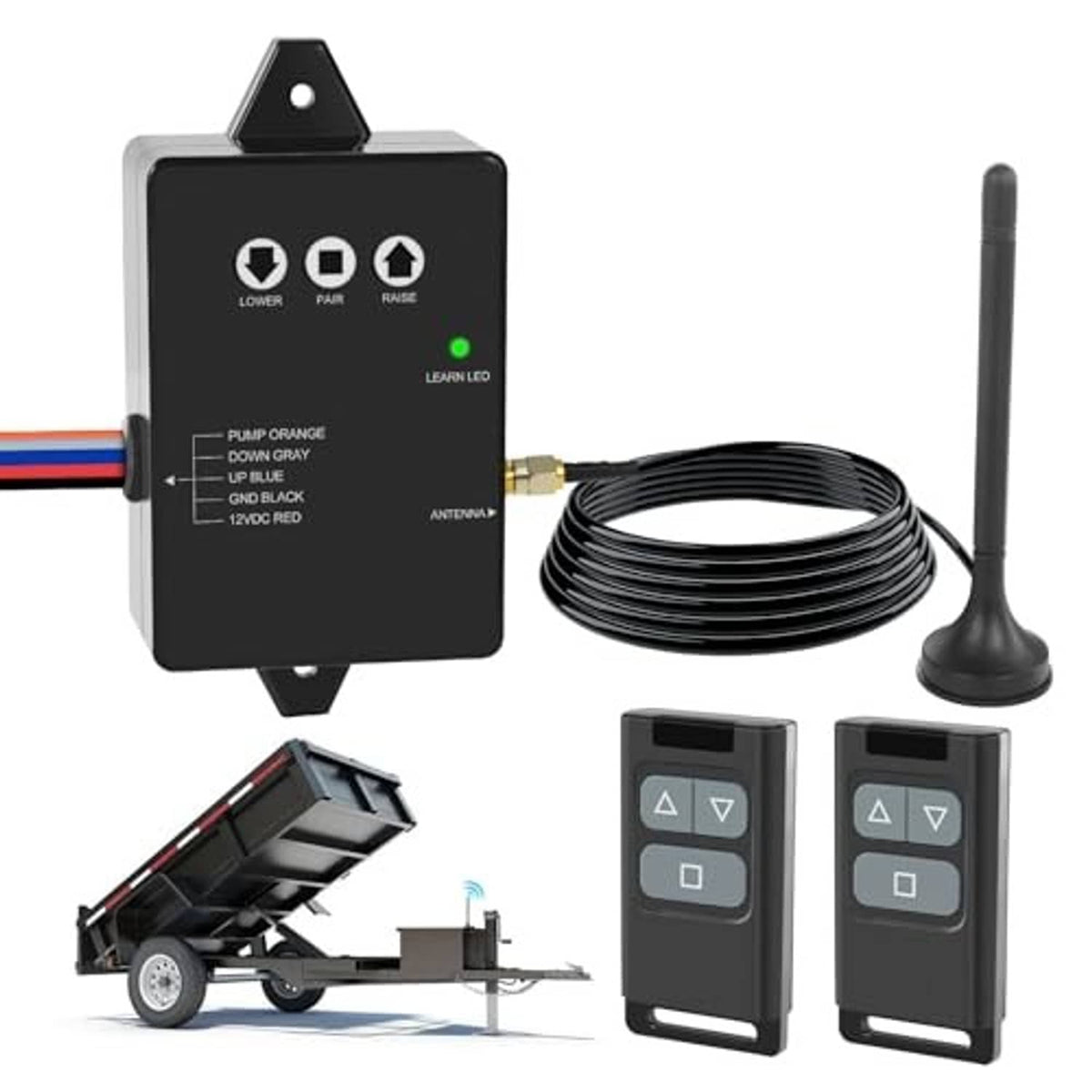 Wireless dump trailer remote receiver, coiled antenna cable, and two key fobs