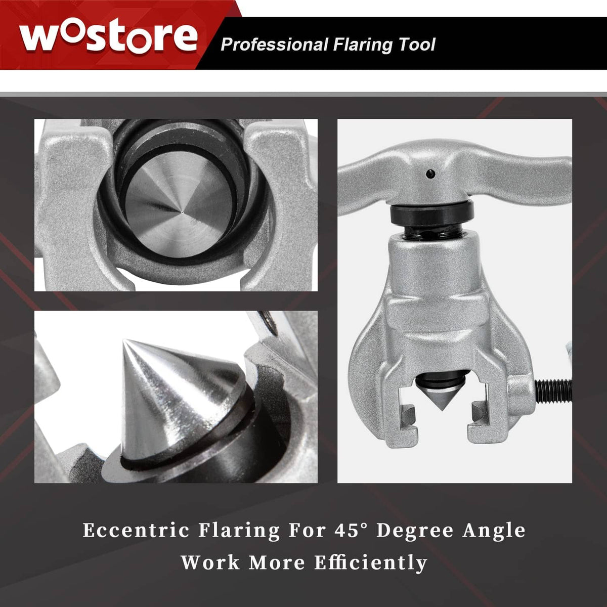 Eccentric tube flaring tool with die head close-up for 45-degree flare