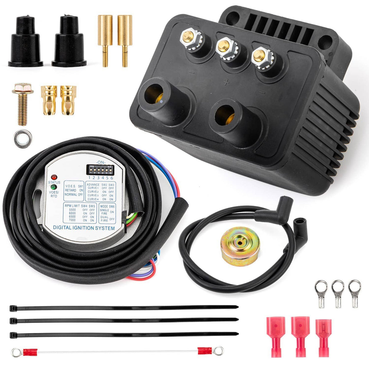 Single-fire programmable ignition coil kit bundle: black module, control box, harness, rotor