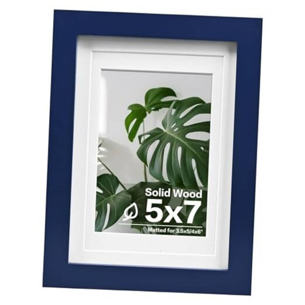 Navy solid wood photo frame with plexiglass front and white mat, for 5x7 picture
