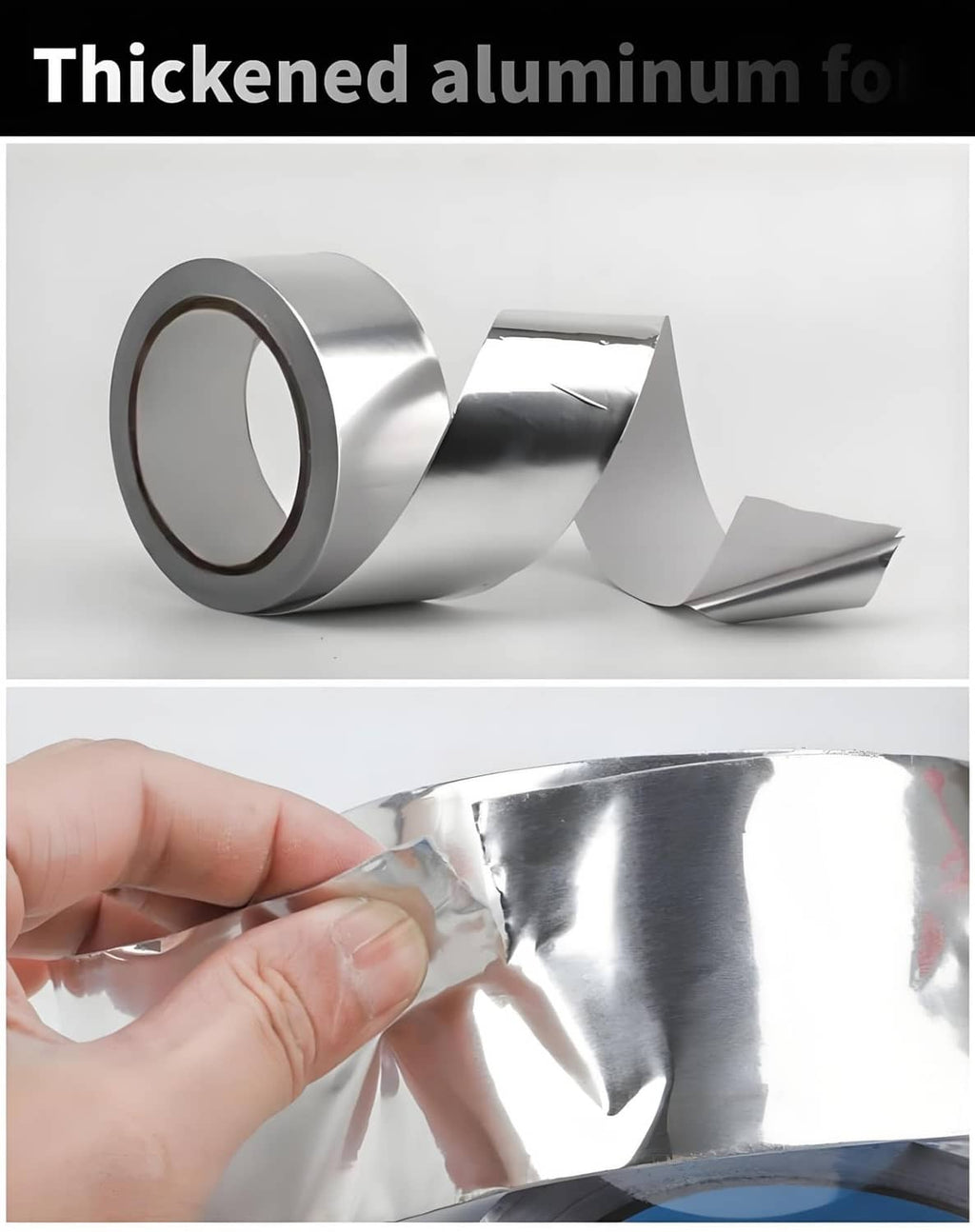 Silver aluminum foil tape roll with unspooled strip; hand peels liner for application