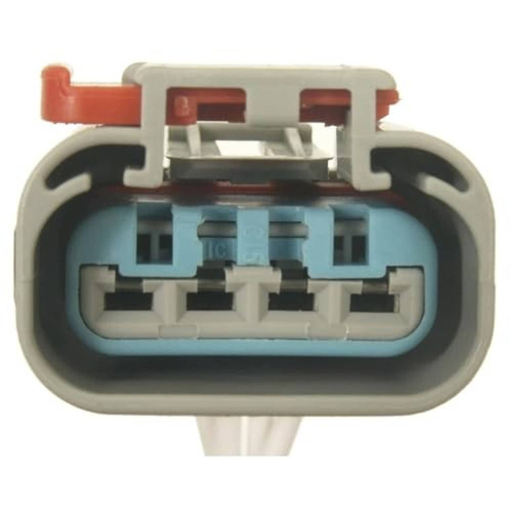 Fuel pump wiring connector face with blue inner terminals and two red latch tabs