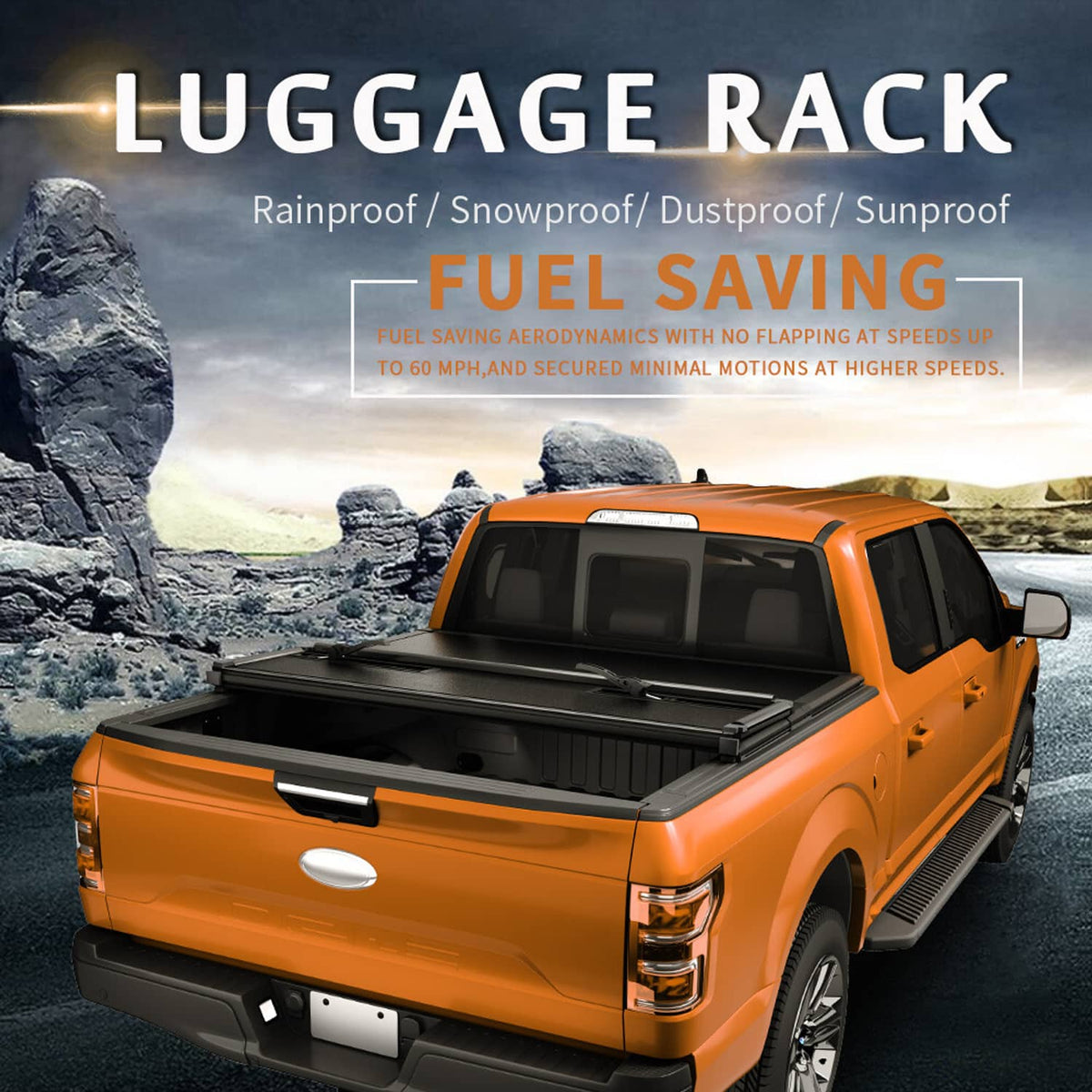 Hard tri-fold tonneau cover with open black cargo platform on orange pickup bed