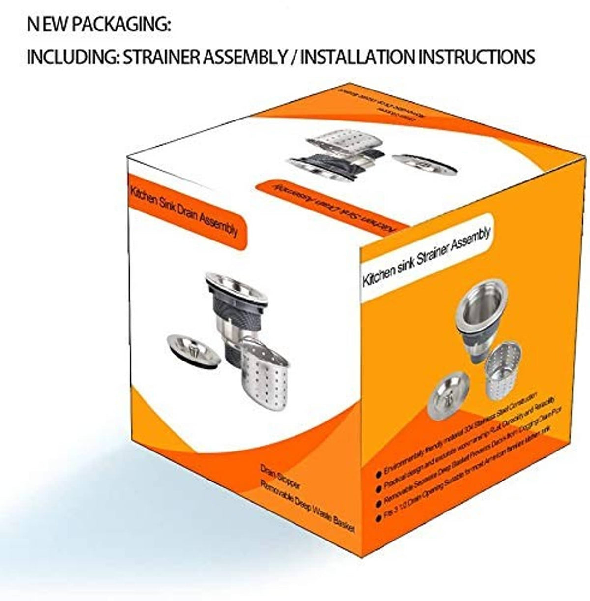 Product packaging box for kitchen sink drain assembly with strainer components pictured