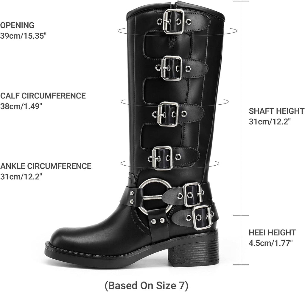 Black knee-high motorcycle boots with square toe and chunky heel, multiple buckle straps