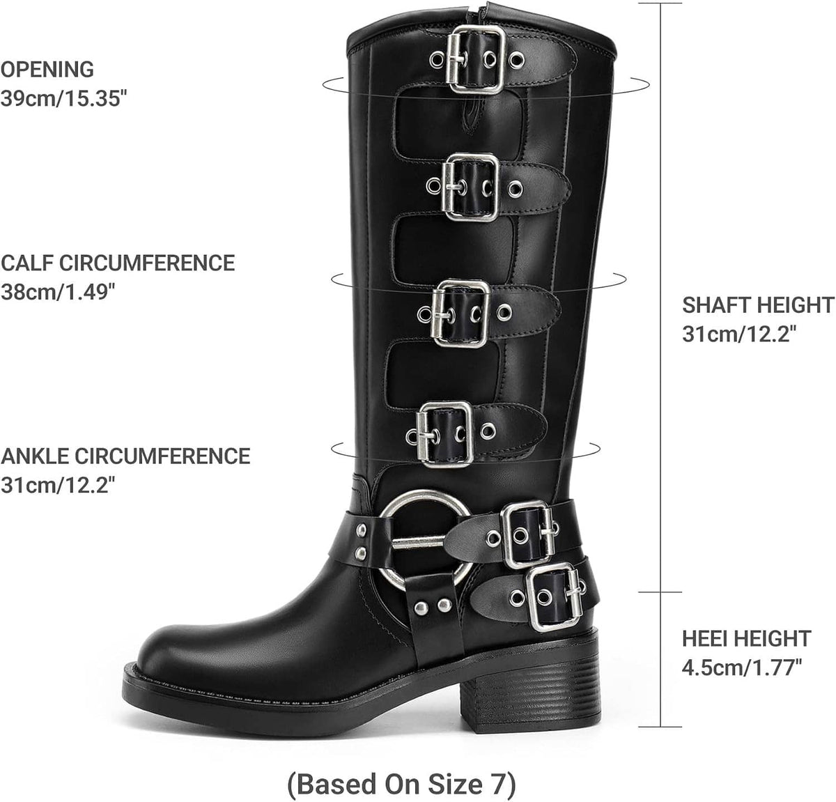 Black knee-high motorcycle boots with square toe and chunky heel, multiple buckle straps