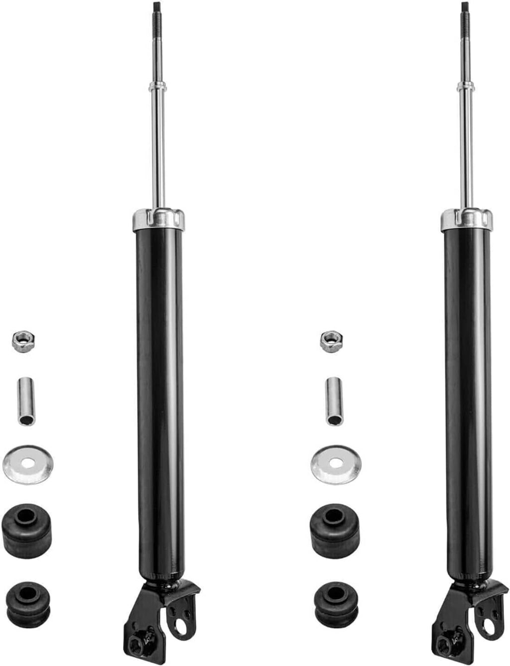 Two chrome-shaft black shock absorbers with rubber bushings and top mounting caps