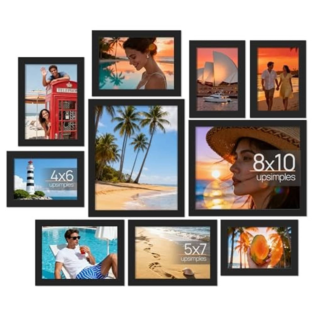 Black 10-piece photo frame collage with mixed orientations and sizes