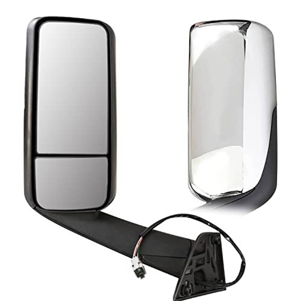 Driver-side mirror housing with two reflective glass panels and black wiring
