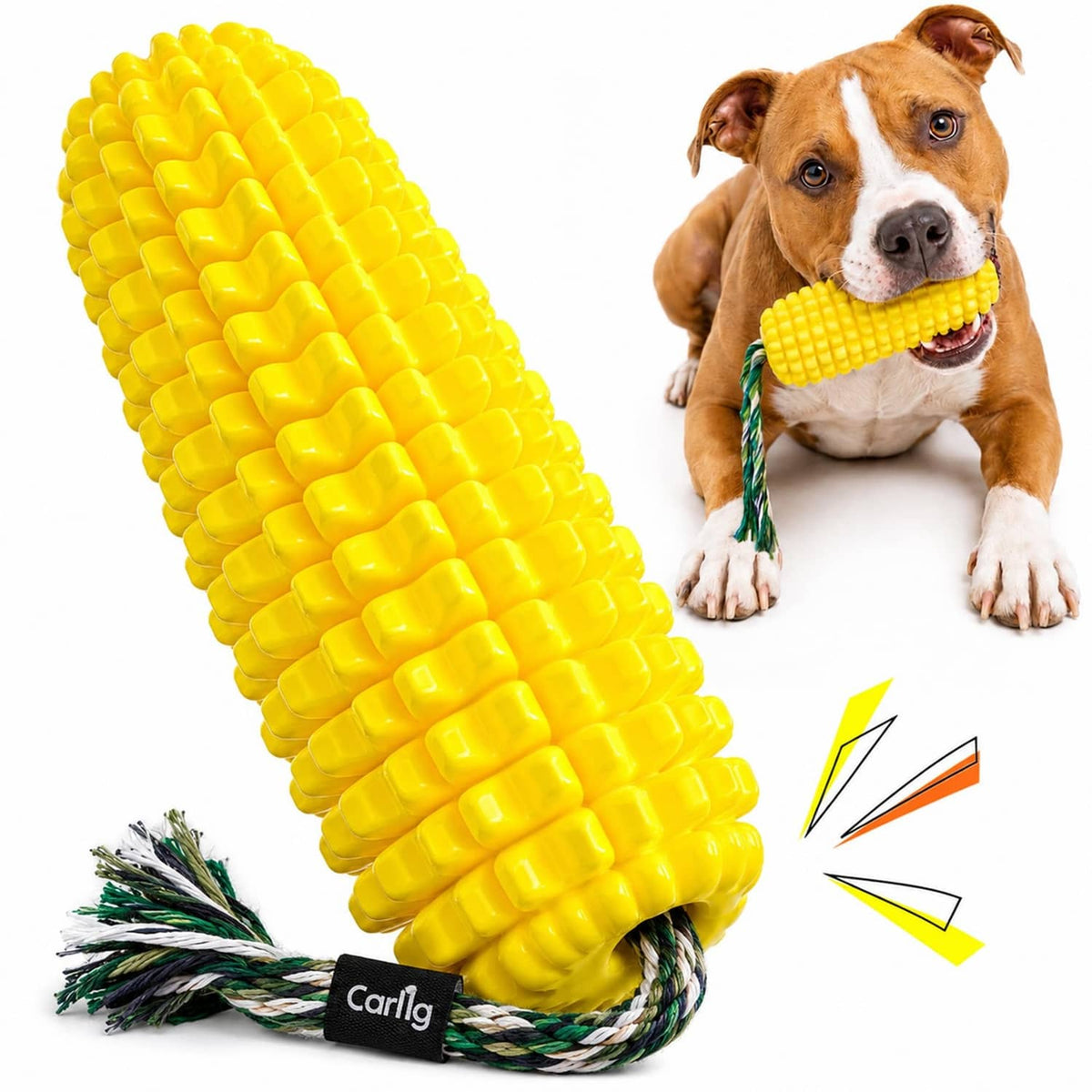 Yellow ribbed dog chew toy with green braided rope, textured grip