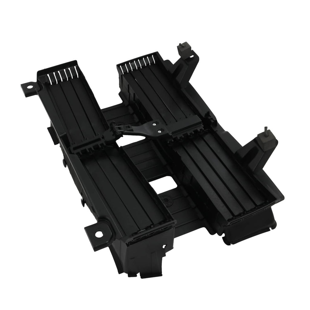 Radiator shutter assembly housing with motor, black plastic, cross-sectional detail