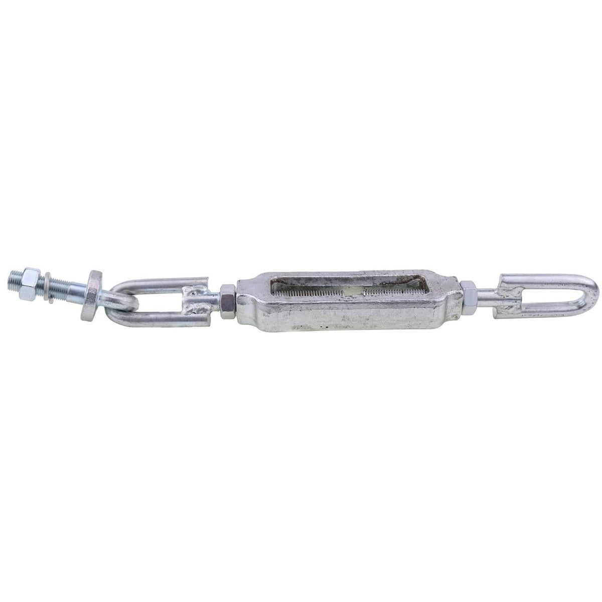 Adjustable turnbuckle stabilizer bar with cross tie loops and threaded adjuster, silver-gray