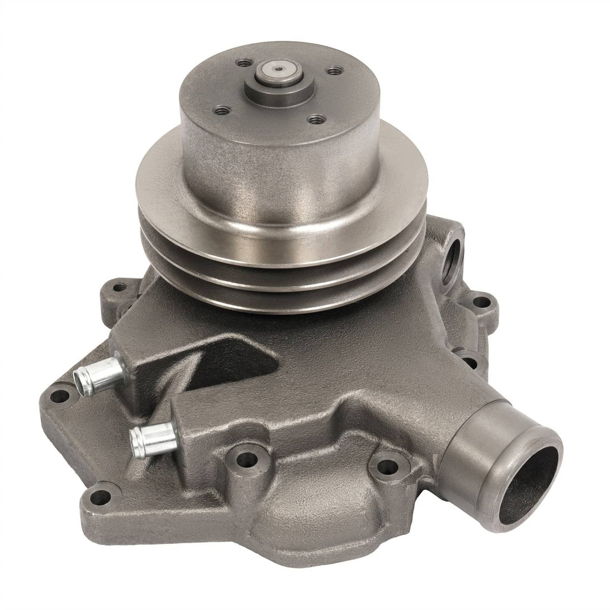 Steel water pump with pulley and mounting flanges, metallic gray finish.