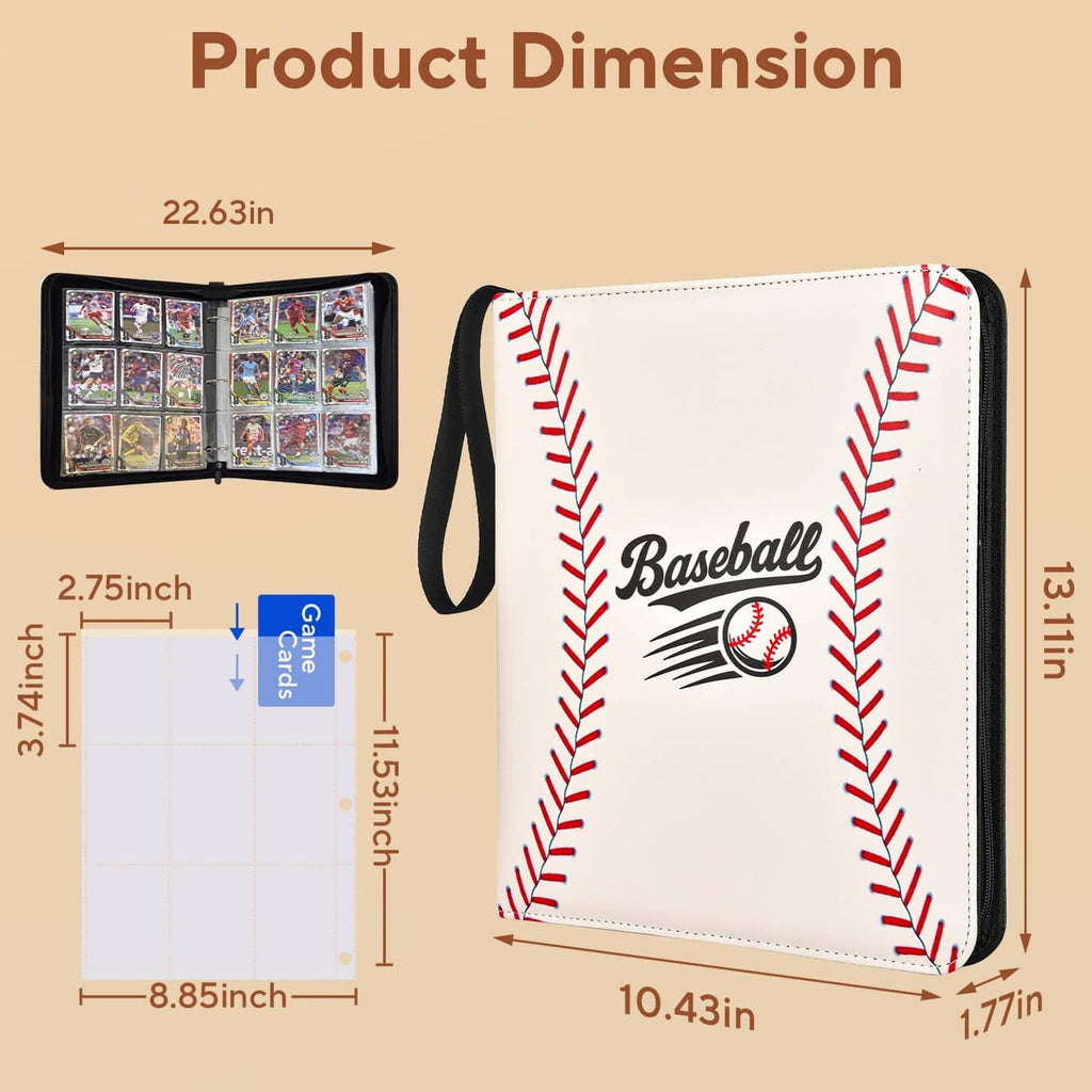 White baseball card binder with red stitched seams, black zipper, and carry strap